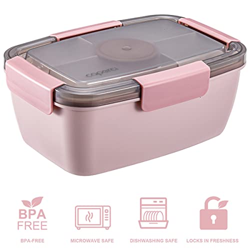 Caperci Large Salad Lunch Container - Adult Bento Lunch Box With 68 Oz Salad Bowl, 5-Compartment Tray, 2Pcs 3-Oz Sauce Cups, Stackable, Bpa-Free (Pink) #TOP2
