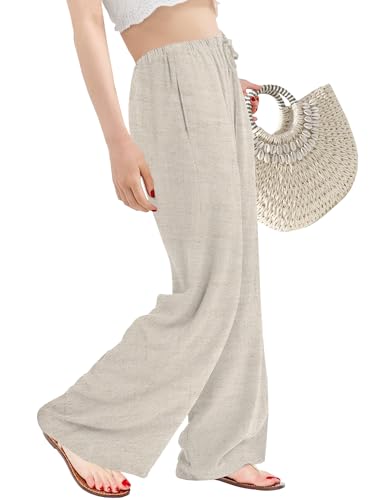 Buauty Wide Leg Linen Pants Women Plus Size Palazzo Pants High Waisted Lounge Pants Casual Comfy Flowy Beach Summer Trousers Apricot2