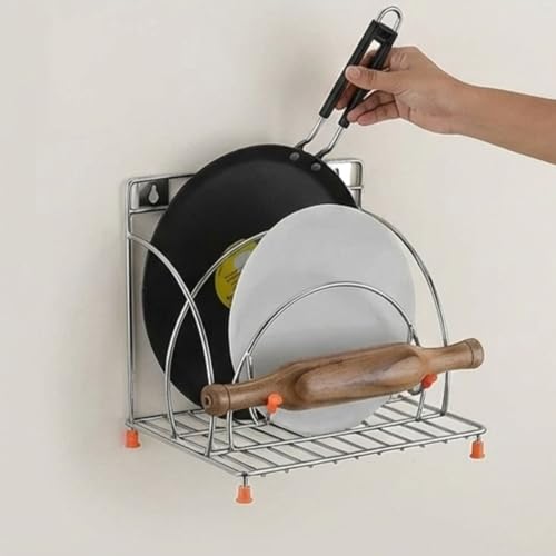 Image of Stainless Steel 4-in-1 Chakla Belan Tawa Chimta Stand | Wall Mounted Kitchen Organizer Rack for Rolling Pin Board Tong & Tawa | Space Saving Corner Shelf