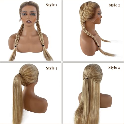 Image of Belaved Highlight Lace Front Wig Human Hair No Shedding Salon-QualityHD Frontal Real Human Hair Pre Plucked Glueless 180% Density Balayage 13x6 Straight Wigs for Women 20 Inch