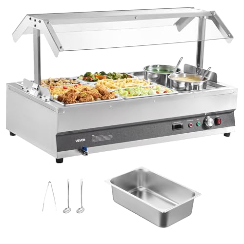 Image of VEVOR Electric Soup Warmer, Two 6.34QT Pots & Six 1 /3 Pans, Stainless Steel Commercial Food Warmer with 86~185F Adjustable Temp, 1500W Bain Marie with Cover, Soup Station for Restaurant, Buffet