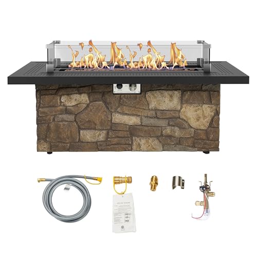 48-Inch Propane Fire Table with Natural Gas Conversion Kit, 50,000 BTU Gas Fire Pit Table, Faux Stack Stone Texture Outdoor Fireplace with Wind Glass Shield, Lava Rocks, Lid & Cover