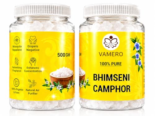 Image of VAMERO Bhimseni Camphor Kapoor 1 KG (500g X 2 Jars) | 100% Pure Pacha Karpooram Original, Bhimseni kapoor Original Camphor For Pooja, Bheemsen Kapoor For Arti, Electric Diffuser, 1 KG