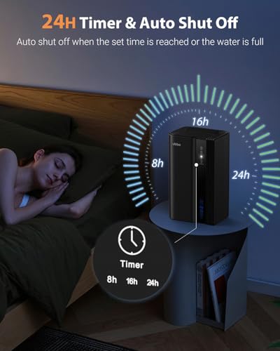 Image of UBBO 95oz Dehumidifiers for Home, 1000 Sq.Ft Dehumidifier with Drain Hose - Auto Shut Off, Timer, Sleep Mode & Drain Hose - 7 Color Light for Bedroom, Bathroom, RV - Black