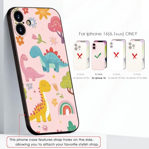 for iPhone 16 Case Dinosaur Cartoon Cute Pink Phone Case - 3 Colorful Dinosaurs with Flowers & Rainbow Design, Playful & Stylish Protective Cover for Girls & Women (B1-Cartoon Cute Dinosaurs)