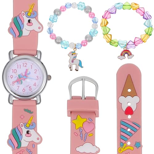 Beaupretty Conjunto de Reloj de Pulsera de Cuarzo para Niñas Correa Rosa Unicornio Pulsera de Perlas Dije de Unicornio de Corazón Juego Infantil para Uso Diario y Fiestas