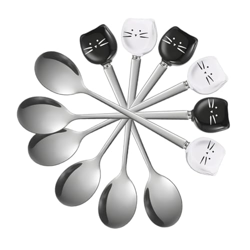 TEHAUX 6個 可愛い猫デザイン セラミック ステンレス鋼 長柄スプーン ティースプーン コーヒー砂糖かき混ぜ用 デザート アイスクリーム向け