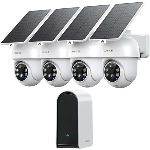 ANSQUE Security Cameras Wireless Outdoor Home System, 4 Camera Kit, No Subscription Fees, Solar Powered, Local Storage, 365-Day Battery Life, 360°PTZ Surveillance, Auto Tracking, 2K Color Night Vision
