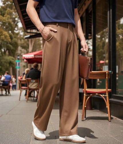 Image of KOTTY Men's Wide Leg Casual Style Korean Trousers with Relaxed Fit Tailoring Modern Structured Design for Professional Wear