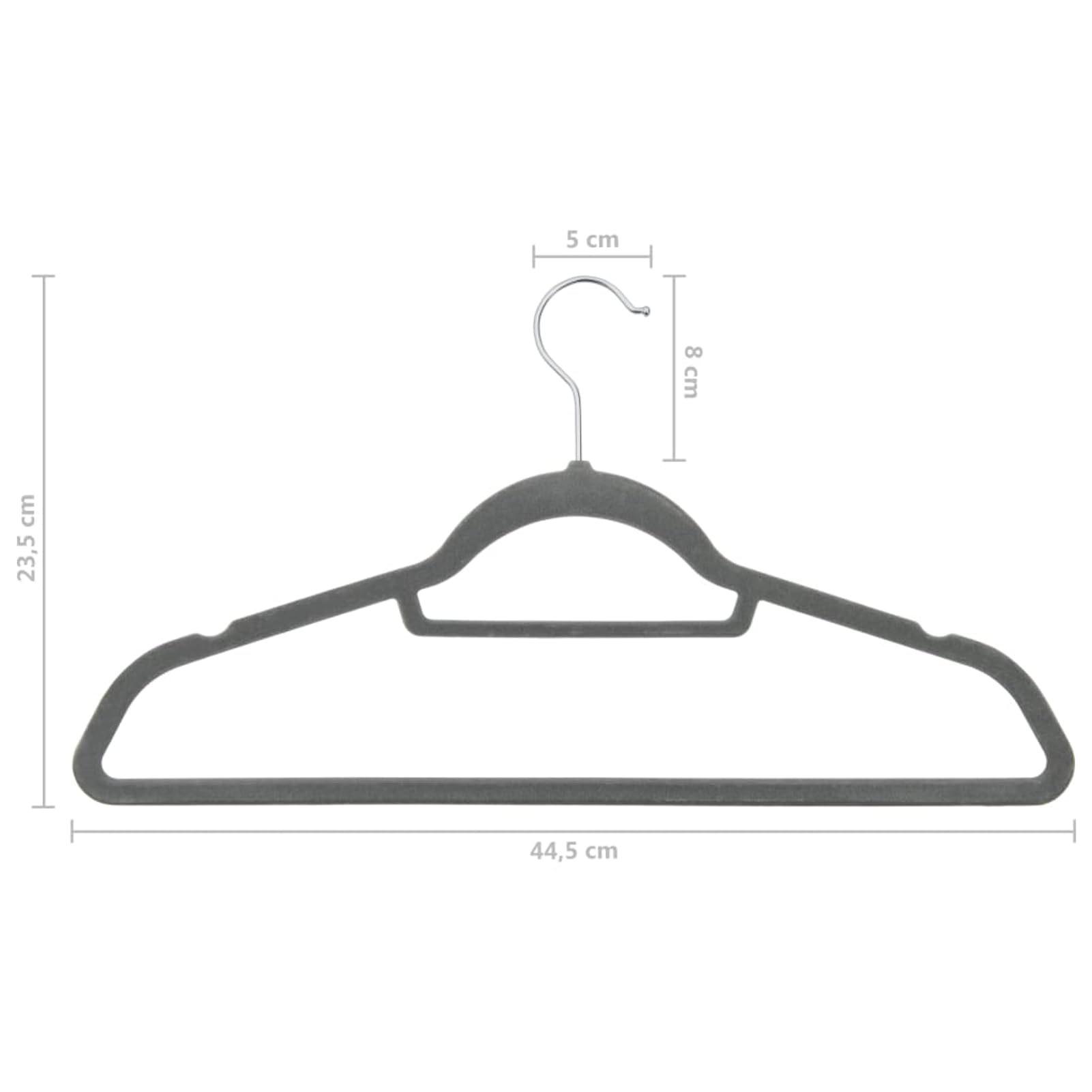 Samt-Kleiderbügel mit 360° drehbarem Haken, rutschfesten Kerben und Hosenstange, grau, 44,5 cm, aus ABC-Kunststoff und Zinklegierung, für Kleider, Hosen, Bettlaken und Decken, 100 Stück 289919