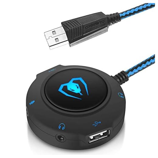 USB Hub Virtual 7.1 Channel Sound Card Adapter External Sound Card with 3.5mm AUX Mic Jack for PC Computer Gaming Headset Headphones Earphone PS4 Laptop Desktop Windows Mac OS Linux, Plug Play (Blue)