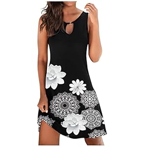 Sommerkleid Damen Elegant Ärmellos Schlüsselloch Kurz Kleid Boho Knielang Kleid Blumen MiniKleid Sommer Leicht Sexy Kleid Strandkleid Freizeitkleid Bohemian Casual Tunika Tshirt Kleider