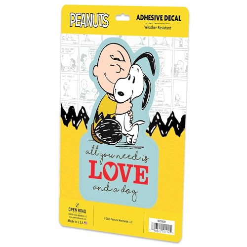 Image of Peanuts All You Need is Love and a Dog Adhesive Vinyl Decal | Adorable Snoopy Sticker for Car, Water Bottle or Laptop