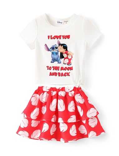 Image of Disney Lilo & Stitch Toddler Girl Dress: 2PCS Skirt Set Summer T-shirt Dress Short Sleeves Tie Knot Top and Tiered Ruffle Skirts Outfit White 6-7 Years