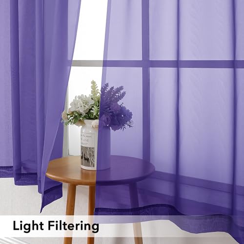 Image of Simplebrand Purple Short Sheer Curtains 45 Inch Length for Small Windows, Rod Pocket 2 Panels Set Solid Voile Drapes Window Sheer Curtains for Bedroom Bathroom Kids Room Kitchen, 42x45 Inch