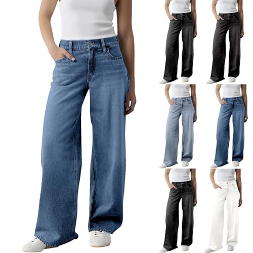 Women's Baggy Jeans 2025 Trendy Stretchy Straight Wide Leg Casual Distress Mid Waist Denim Pants Vintage Y2K Trousers