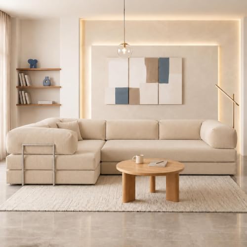 Image of Torque Vegas 5 Seater L Shape Sofa Cum Bed for Sleeping- Beige | Suede Fabric 5 Seater Sectional 3-in-1 Sofa Bed | Corner L Shaped Sofa Set for Living Room Office