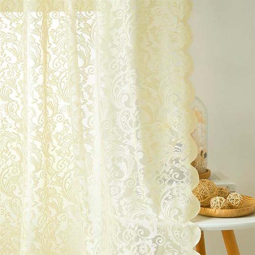 Bujasso Ivory Lace Window Curtains Vintage Floral Sheer Curtain Panels