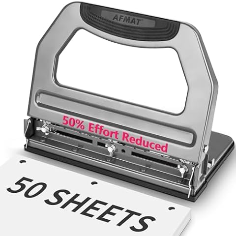 AFMAT Heavy Duty 3 Hole Punch, 50-Sheet 2 Hole Punch, 50% Reduced Effort 3-Hole Puncher, Adjustable Three Hole Punch 2 Hole Paper Punch, Metal Paper Puncher w/Large Chip Tray, Metal Paper Guide, Gray Cover