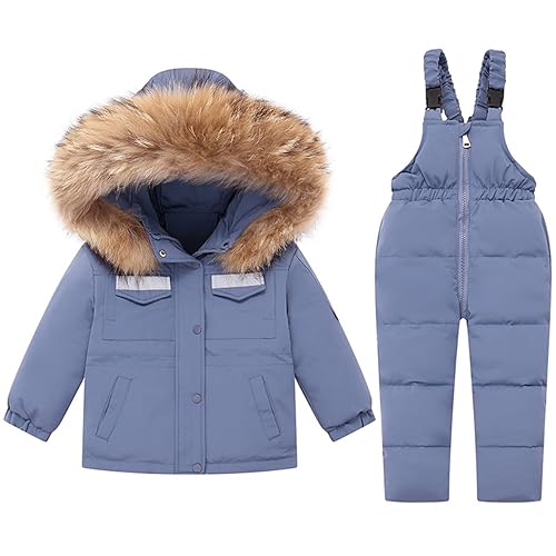 2 Pcs Little Boys Girls Winter Warm Puffer Zipper Pocaket Soild Fur Trim Snow Bib Jacket and Snow Pants Snowsuit Set