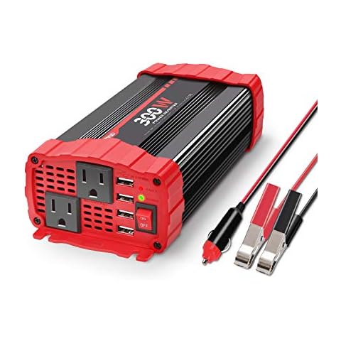 BYGD 300W Car Power Inverter, DC 12V to 110V AC Vehicle Plug Adapter Converter with 4 USB Quick Charging Ports and Dual AC Outlets Car Charger Equipped Cigarette Lighter Cable and Battery Clamps Red Cover