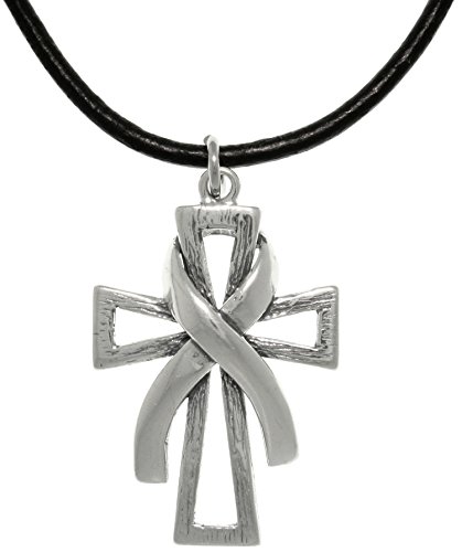 Sterling Silver Cross with Awareness Ribbon Pendant on Black Leather Necklace