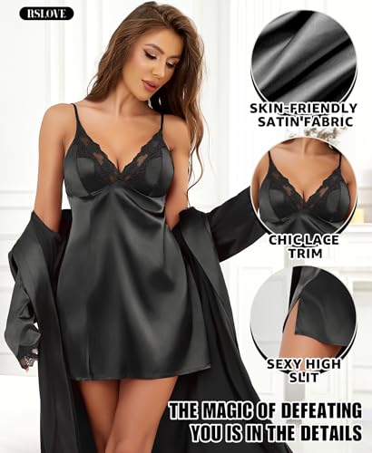 Image of RSLOVE Women's Satin Sleepwear Set - 2 Piece Lace Cami Nightgown and Long Sleeve Robe Sexy Silk Pajamas Lingerie for Women
