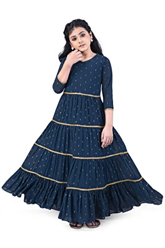 Image of Jwalin Girls Georgette Maxi Length Foil Printed Dress(Teal 7-8 Year)