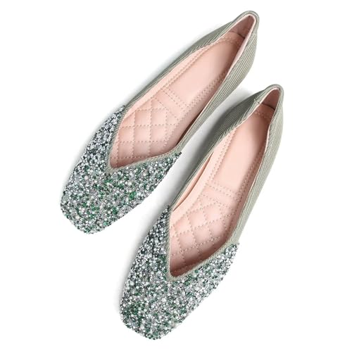 TN TANGNEST Women's Rhinestone Flats Comfortable Square Toe Slip on Flat Shoes2