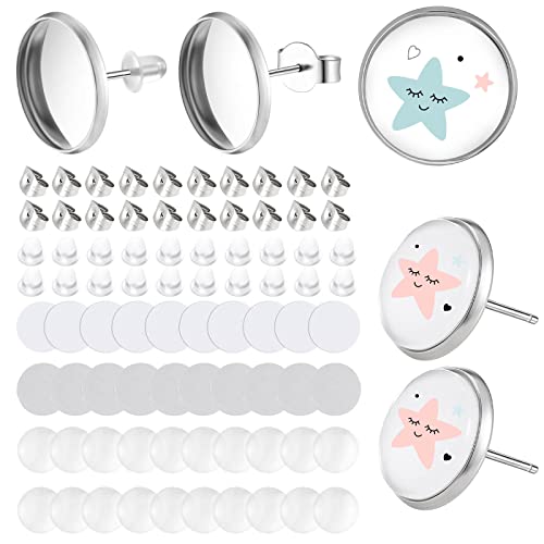 Leelosp 300 Pcs Sublimation Stud Earring Blank Kit 50 Stainless Steel Bezel Blank Stud 50 Clear Glass Cabochon 50 Clear Earring Back 50 Stainless Back 50 Aluminum Sheet and 50 Sticker for DIY