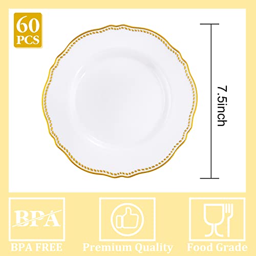 Hioasis 60Pcs Gold Plastic Plates - White And Gold Disposable Plates - 7.5Inch Gold Disposable Dessert Plates Perfect For Wedding & Party & Thanksgiving #TOP1