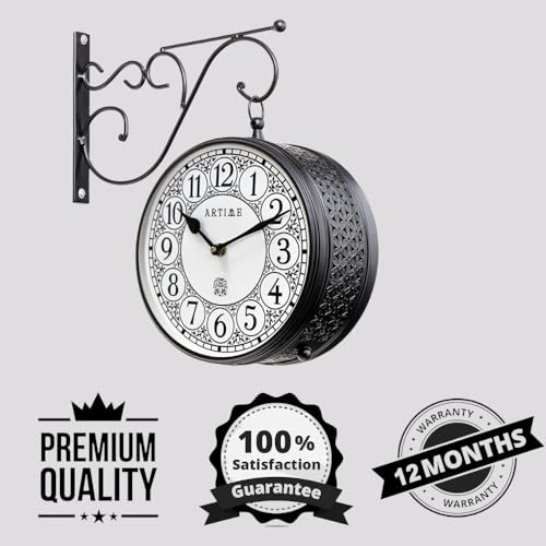Image of Handcrafted Double Side Metal Analog Vintage Wall Clock | 1.5 Year Machine Warranty | 12 INCHES | 1 Side Number 1 Side Roman,Color Black