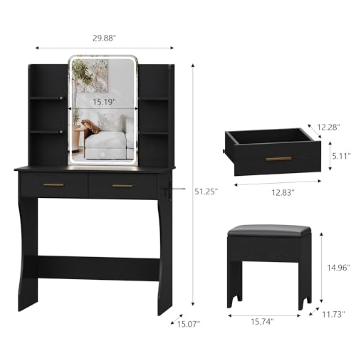 Image of Small Vanity Desk with Mirror and Lights, Makeup Vanity with LED Lights, Black Vanity Mirror with Lighted Desk and Chair, 3 Lighting Adjustable Compact Dressing Table with Mirror for Women, Girls