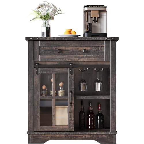 DWVO Farmhouse Coffee Bar Cabinet, Sideboard Buffet Cabinet with Drawer & Adjustable Shelves, Storage Cabinet with Sliding Barn Door for Kitchen and Living Room, Dark Rustic Oak