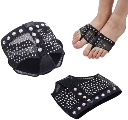AHANDMAKER 2Pcs Half Soles Dance Shoes with Rhinestone Foot Undies Toe Thongs Polyester Black Half Sole Dance Shoes for Lyrical Contemporary Dance Class Performance Stage Decoration