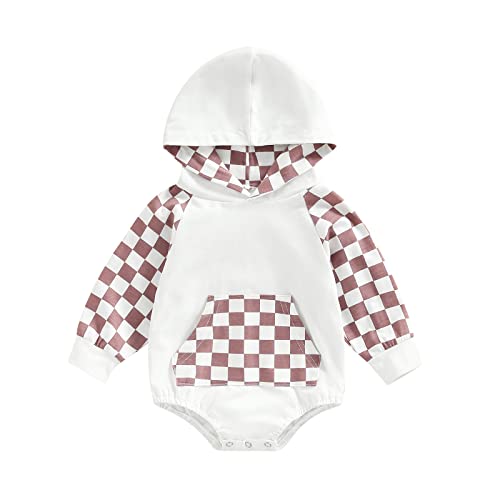 Image of xiqaalombvt Infant Baby Boy Girl Fall Clothes Hoodie Pullover Sweatshirt Romper Color Block Long Sleeve Onesie Outfit (Brown Plaid, 0-6 Months)