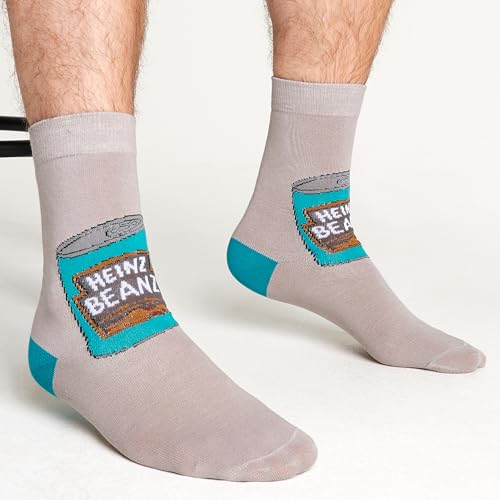 Heinz Mens Socks Pack of 3 Ketchup Baked Beans Crew Socks for Men Teenagers Soft Breathable Size 9-12 Gifts for Him (Teal Beans)3