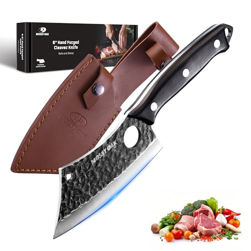 Mossy Oak Meat Cleaver Knife, Butcher Knife with Genuine Leather Sheath, Hand Forged Kitchen Knife Full Tang Handle for Meat and Vegetable Cutting, Outdoor Cooking, Camping and BBQ