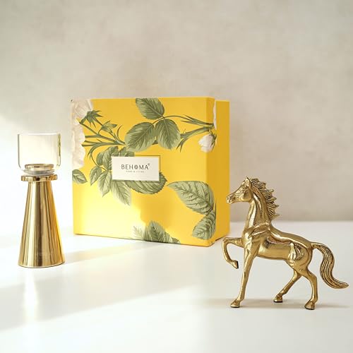 Image of BEHOMA Royal Glow Luxury Home Decor Gift Hamper | Aluminium Horse Figurine Showpiece with Metal & Glass Tea Light Candle Holder | Decorative & Vastu Gift for Living Room, Wedding & Housewarming