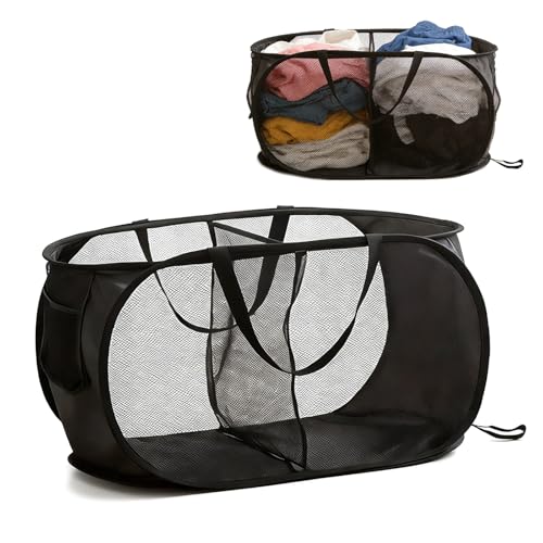 KASESSS Panier A Linge Pliable Pop Up En Maille, Paniere A Linge Sale avec 2 Compartiments, Corbeille à Linges avec Poignées Renforcées, Portable Panier...