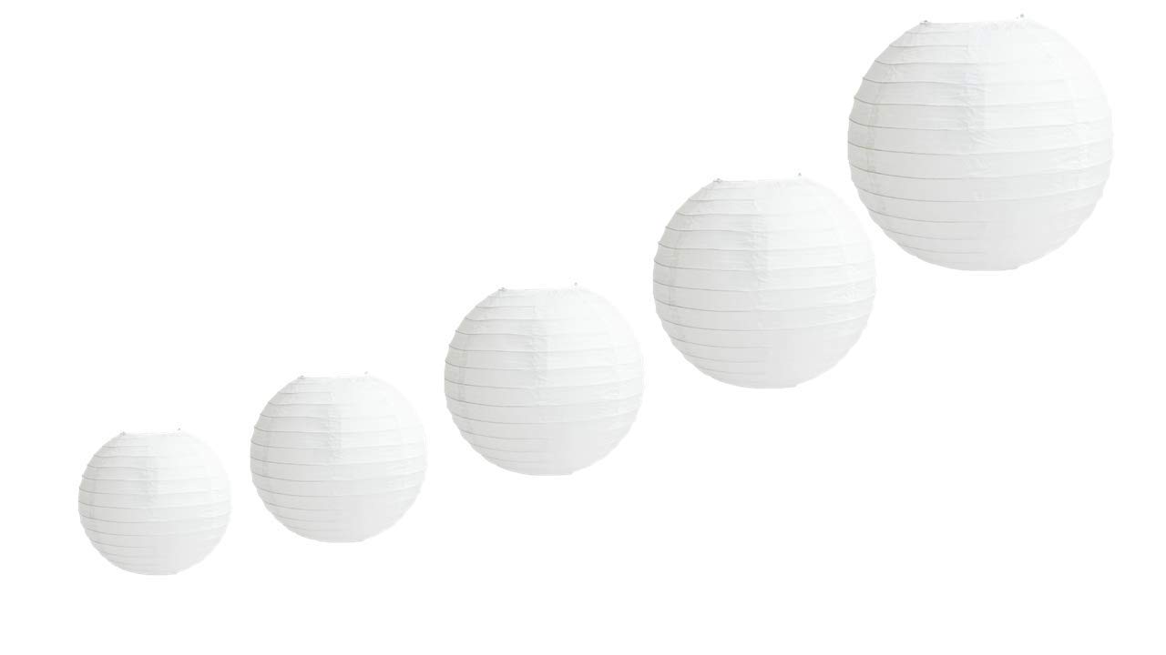 5 PCS Paper Lanterns, Round White Paper Lantern with Wire Ribbing, Different Sized White Lampshades, 4