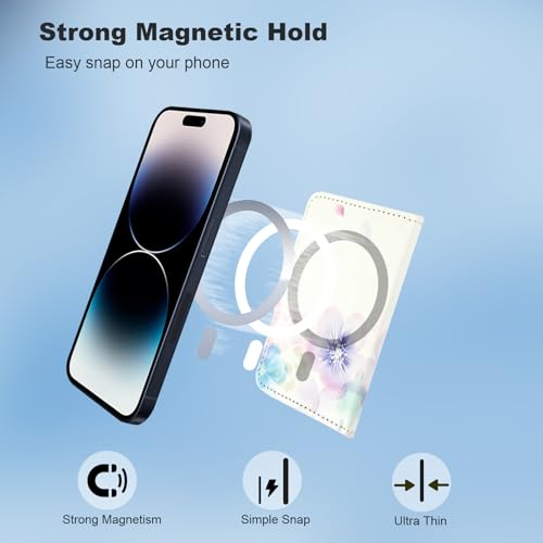Image of HAOPINSH for MagSafe Wallet Magnetic Wallet Card Holder, Pale Flower Pattern Detachable Adjustable Flip Leather iPhone Kickstand Mag Safe Card Slots for iPhone 16 /15 /14 /13 /12 Series