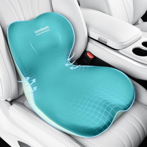 Image of Coverado Car Seat Cushion and Lumbar Support Pillow One Piece, Memory Foam Ergonomic Back Support Driving Seat Cushion for Back Pain, Non-Slip Washable Cushion for Car, Driver, Office