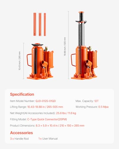 Image of VEVOR Air Hydraulic Bottle Jack, 12 Ton /26455 lbs Pneumatic Hydraulic Bottle Jack with 10.43''-19.88'' Lifting Range & Manual Hand Pump, for Pickup, Truck, RV, Auto Repair, Industrial Engineering