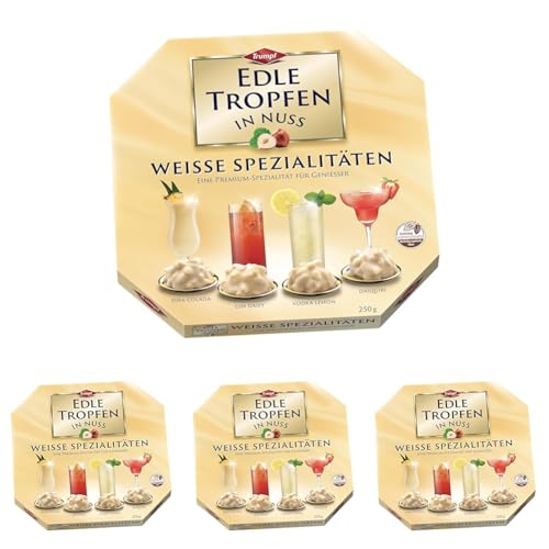 Edle Tropfen in Nuss Weiße Spezialitäten 250g, flüssig gefüllte Schokoladenpralinen mit Milchschokoladen-Überzug und knackigen Haselnuss-Splittern (Packung mit 4)
