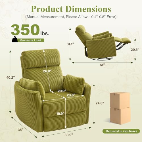 Image of BOSMILLER 360Swivel Recliner Chair, Nursery Chair with 2 Pillows, Rocker Chair with Soft Corduroy Fabric for Living Room, Bedroom