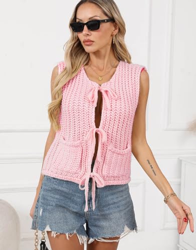 Image of Trendy Cardigan Sweater Vest Crochet Knit Top Sleeveless Bows with Pockets