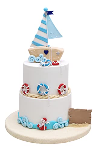 Sailboat Cake Topper Set, 14-pieces, Red Blue Light-blue, Nautical Cake