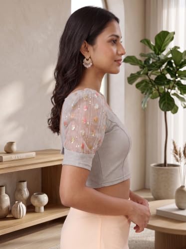 Image of SFT Women's Cotton Lycra Blend Readymade Saree Blouse with Round Neck Half Sleeves Solid Pattern Knit Weave Regular Fit and Pull On Closure