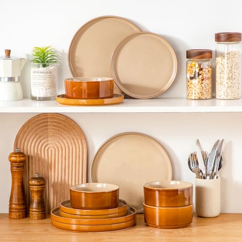 Image of vancasso ONION Ceramic Plates and Bowls Sets, 12 Pieces Brown Dinnerware Sets for Kitchen, Reactive Glaze Dishes Set for 4, Dishwasher and Microwave Safe